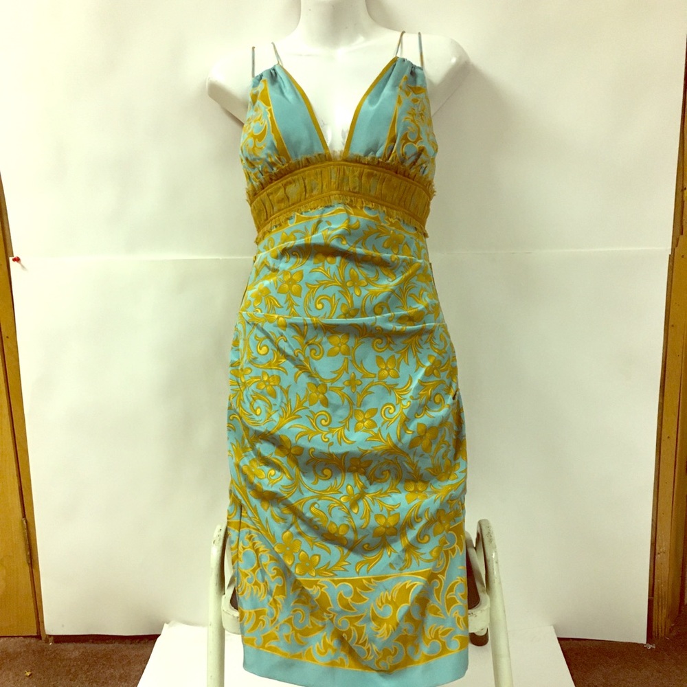 Nicole Miller Blue and Gold Midi Dress